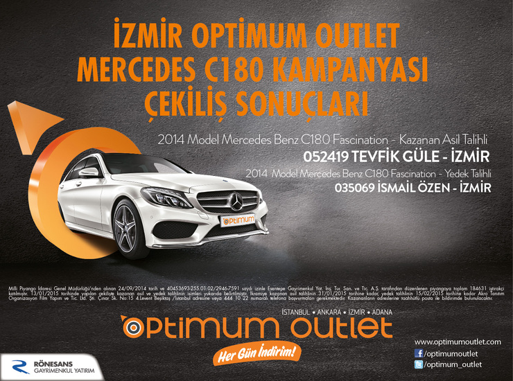 İzmir Optimum Outlet Mercedes C180 Kampanya Çekiliş Sonuçları
